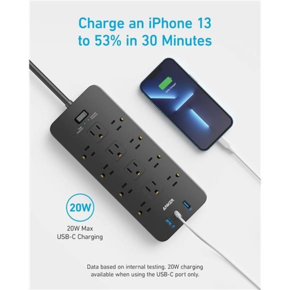 Surge Protector Power Strip (2100J),Anker 12 Outlets with 1USB C and 2 USB Ports - Picture 2 of 6